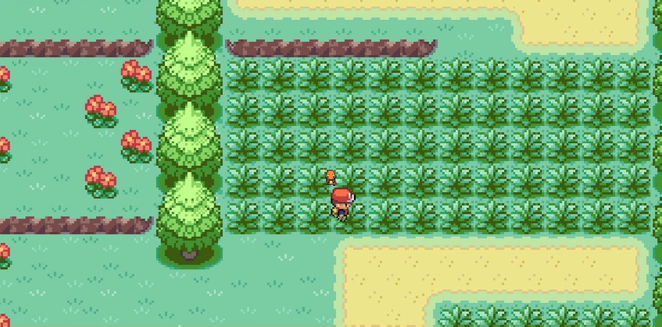 Treinador e seu Pokémon explorando o mato de uma rota de Kanto