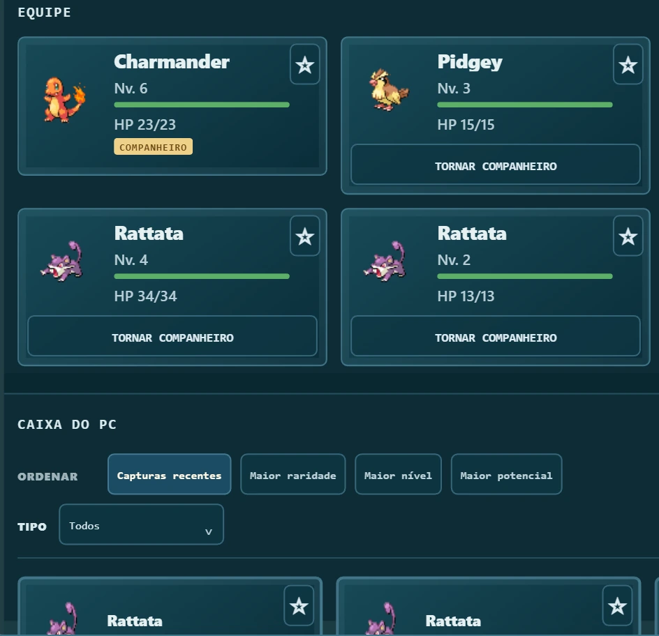 Equipe com Charmander, Pidgey e Rattata na interface do jogo