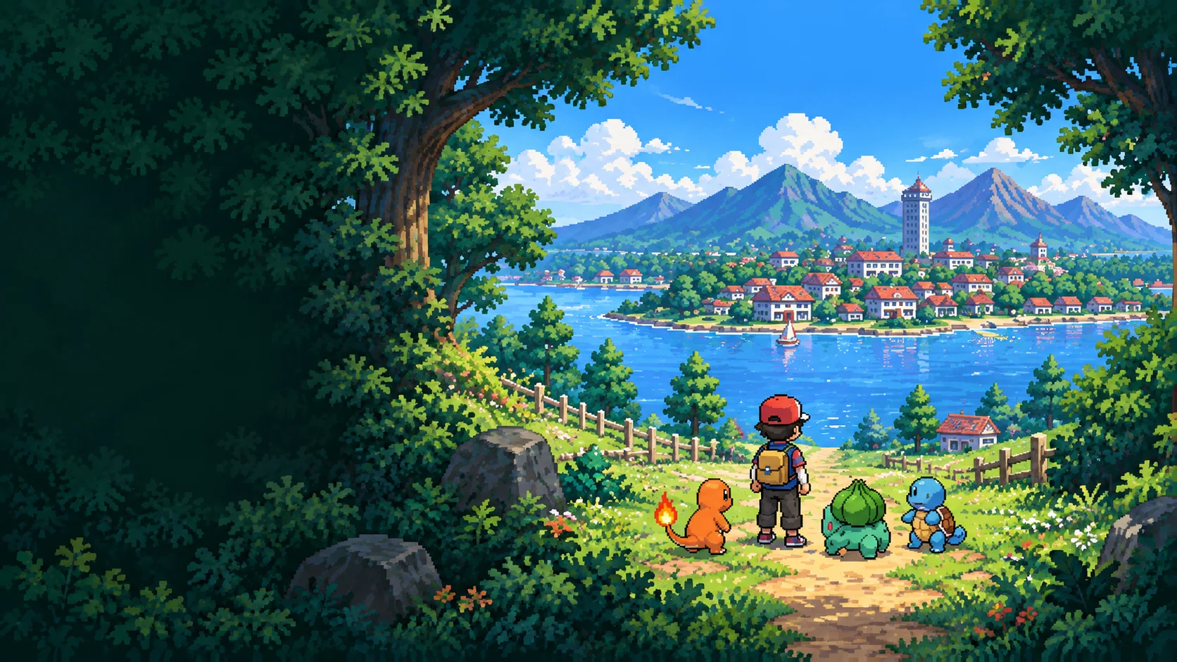 Ilustração de um treinador e seus parceiros diante de uma paisagem de Kanto
