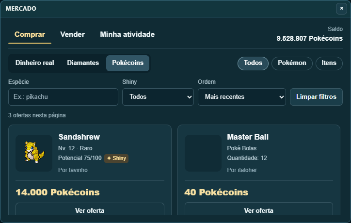 Ofertas de Pokémon e itens no mercado entre jogadores